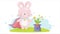 Cute cartoon Easter bunny magician with magic wand gets out carrot from the magic hat .