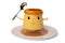 A cute cartoon egg pudding holding a stainless steel spoon on a