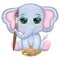 Cute cartoon elephant, child character with beautiful eyes with paints and brush, artist