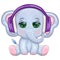 Cute cartoon elephant, childish character with beautiful eyes wearing headphones, music lover listening to music