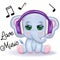 Cute cartoon elephant, childish character with beautiful eyes wearing headphones, music lover listening to music