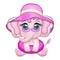 Cute cartoon elephant, children's character in a swimming circle and panama hat, summer, vacation, beach