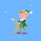 Cute cartoon elf in googles standing and reading the wish list scroll. Christmas funny character. Santa Claus helper. Elfish boy.