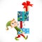 Cute cartoon elf Santa`s assistant holding large stack of wrapped gifts