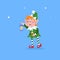 Cute cartoon elf  taking a vintage lantern. Christmas funny character. Santa Claus helper. Elfish boy. Isolated on blue background