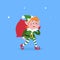 Cute cartoon elf walking and carries a bag or sack with Christmas gifts. Christmas funny character. Santa Claus helper. Elfish boy