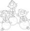 Cute cartoon elfs in hats on decoration balls sketch template.