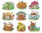 Cute cartoon elven, fairy or gnome houses in the form of pumpkin, tree, teapot, boot, apple, mushroom, stump