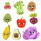 Cute cartoon emoji corn, beets, radishes, red cabbage, potatoes, avocado, celery, artichoke, bell pepper