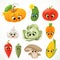 Cute cartoon emoji okra, pumpkin, carrot, tomato, cucumber, hot pepper, white cabbage, garlic, corn and oyster mushroom