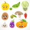 Cute cartoon emoji pumpkin, potatoes, green peas, garlic, jalapenos, olive, oyster mushroom, sweet pepper, eggplant