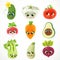 Cute cartoon emoji tomato, cucumber, beetroot, carrot, celery, radish, zucchini, avocado, squash isolated on white