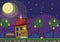 Cute cartoon fabulous house with light in window at night time,