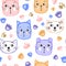 Cute cartoon faces of cats and cat`s paws. Seamless pattern.