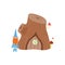 Cute cartoon fairy tale gnome near fabulous wooden house in form of stump.