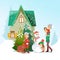 Cute cartoon family making a snowman in front of little cozy house.