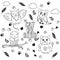 Cute cartoon fantasy cats for coloring book, for children, black and white pets silhouettes, editable vector illustration
