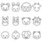 Cute cartoon farm animal line icon set