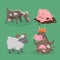 Cute cartoon farm animals set. Furry ram, cow sitting in meditation pose, pig lying in the mud and grazes goat. Vector domestic ch