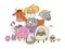 Cute cartoon farmer and animals. Country man and cow, horse and sheep, chicken and goose, pig and rooster.