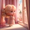 Cute cartoon female child getting ready to sleep on pink bedroom bed. AI generated. Selective Focus