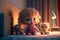 Cute cartoon female child getting ready to sleep on pink bedroom bed. AI generated. Selective Focus