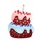 Cute cartoon festive cake with one candle. Chocolate biscuit with cherries and blueberries. for parties, birthdays. Isolated