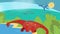 Cute cartoon flat dinosaur Diplodocus drinking water from lake. Pteranodon flying. Prehistoric times of dinosaurs. Full