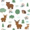 Cute cartoon flat forest animals seamless pattern. Bear deer doe elk squirrel hare bat turtle hedgehog. Vector illustration on