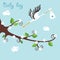 Cute cartoon flowering branch.Flying stork with newborn baby-boy