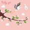 Cute cartoon flowering branch.Flying stork with newborn baby-girl