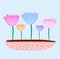 Cute cartoon flowers in wide pot, doodle vector drawing