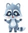 Cute cartoon fluffy baby raccoon stand on a white