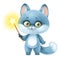 Cute cartoon fluffy gray kitten with magic wand in paw isolated