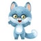 Cute cartoon fluffy gray kitten welcomes with raised paws isolated on a white