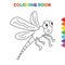 Cute cartoon flying dragonfly coloring book for kids. black and white vector illustration for coloring book. flying dragonfly