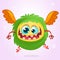 Cute cartoon flying monster. Halloween vector fluffy green monster