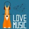 Cute cartoon fox enjoys music in headphones. Simple graphical il