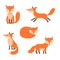 Cute cartoon fox. Forest foxes, red animals with fluffy tails. Flat foxy character running or standing.
