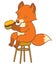 Cute cartoon fox holding big tasty sandwich