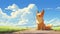 Cute Cartoon Fox Sitting On Endless Road - Anime Art