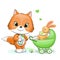 Cute cartoon fox with toy, pram stroller, milk bottle, babies dummy.