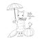 Cute cartoon fox under an umbrella and a small bird on a pumpkin.