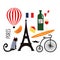 Cute cartoon french culture symbols: wine, Eiffel tower, baguette, retro bicycle, mustache, cheese.