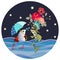 Cute cartoon freshwater fish in love on night background. Beautiful round greeting card.