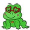 A cute cartoon frog prince fairy tale with glasses in shape of heart and the decoration of the crown pendant. Valentine`s Day.