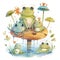 Cute cartoon frogs baby watercolor. kawaii. digital art. concept art. isolated on a white background