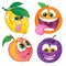 Cute cartoon fruit characters: Lemon, orange, peach or nectarine and plum.