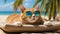 Cute cartoon funny cat poster sunglasses, beach, sunset