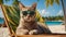 Cute cartoon funny cat poster sunglasses, beach, sunset tropic